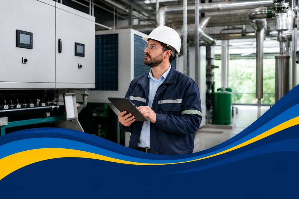 Profissional inspecionando instalações do setor AVACR, com ondas nas cores da ABRAVA